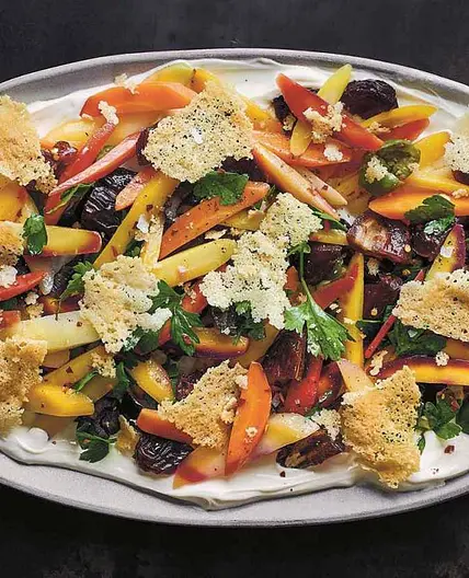 Carrots, Dates, and Olives with Crème Fraîche and Frico