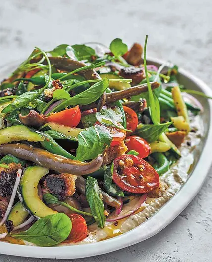 String Beans, Pickled Beans, Tomatoes, Cucumbers, and Olives on Tonnato