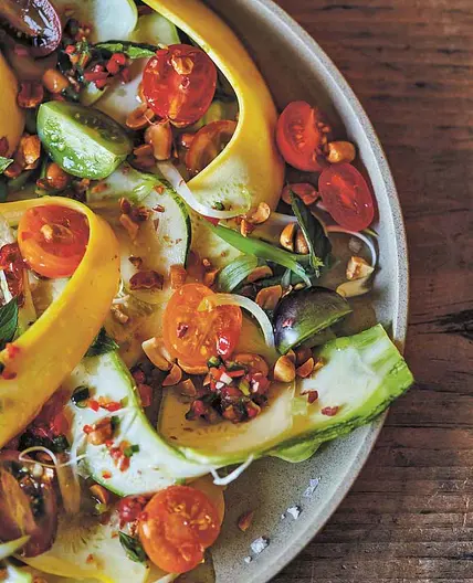 Squash Ribbons with Tomatoes, Peanuts, Basil, Mint, and Spicy Fish-Sauce Sauce