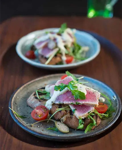 TUNA TONNATO WITH ARUGULA ON GRILLED BREAD