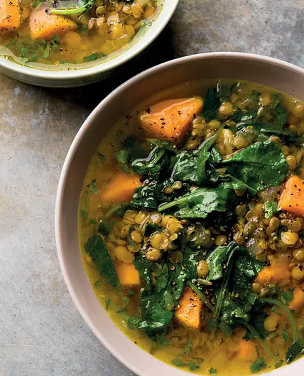 Lemony Lentil-Kale Soup with Sweet Potatoes