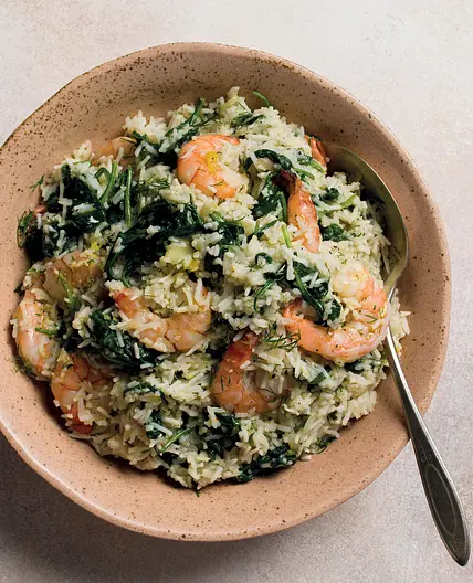 Greek-Style Spinach R ice with Shrimp and Dill