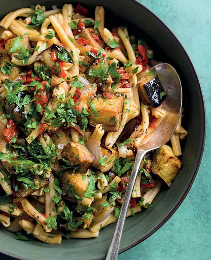 Pasta with Spiced Eggplant and Roasted Peppers