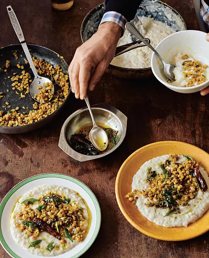 Yogurt rice with chana dal and curry leaf oil