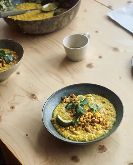 Spiced semolina with corn, peanuts, and cilantro