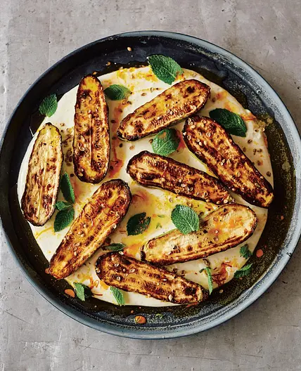 Charred zucchini with warm yogurt and saffron butter