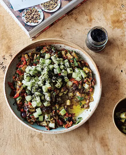 Roasted pepper salad with cucumber and herbs