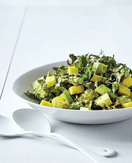 MANGO-AVOCADO-KALE SALAD WITH GINGER-SESAME ORANGE DRESSING