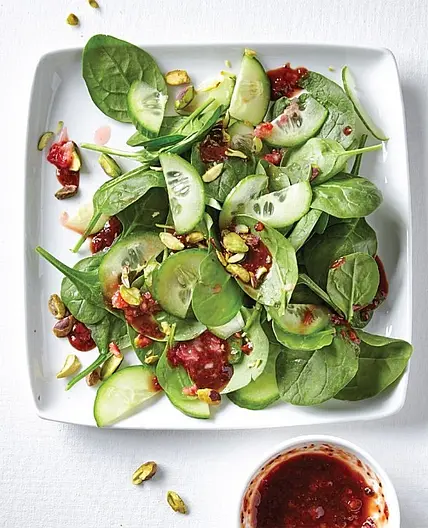 PISTACHIO-SPINACH SALAD WITH STRAWBERRY BALSAMIC DRESSING