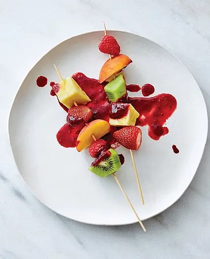 FRESH FRUIT SKEWERS WITH BLACKBERRY COULIS