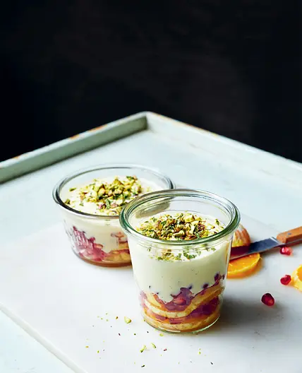 Pomegranate, orange and pistachio parfait