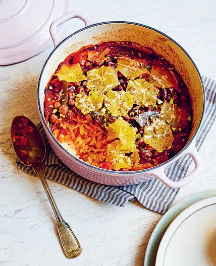 Borlotti, blood orange and orzo with cinnamon