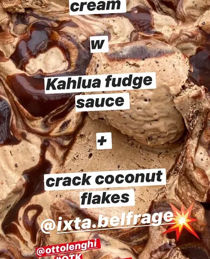 Coffee ice-cream with Kahlua fudge sauce and coconut flakes