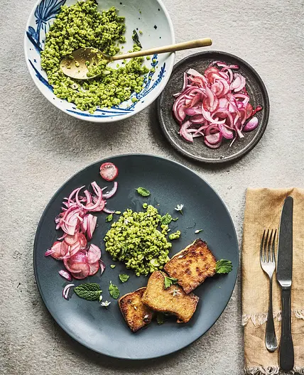 Tofu with minty peas + pickles