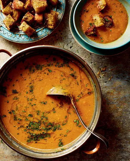 Red lentil and squash soup with za’atar croutons