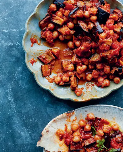 Roast aubergines with spiced chickpeas and tomatoes