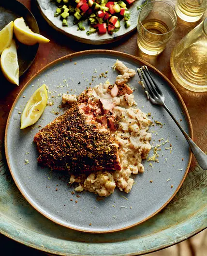 Za’atar roast salmon with garlicky bean mash