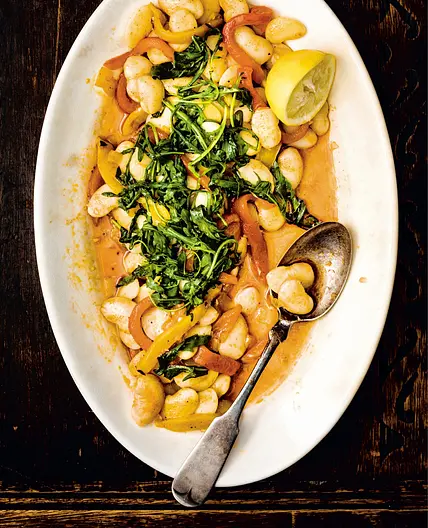 warm butter bean salad with roasted bell peppers wilted arugula