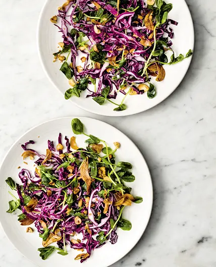 pea shoot and peanut salad red cabbage