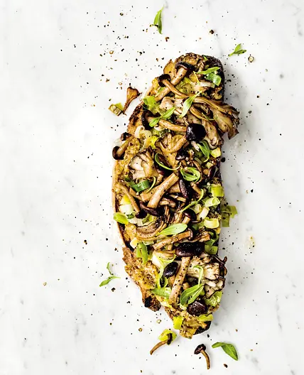 caramelized leek and seared mushroom toast