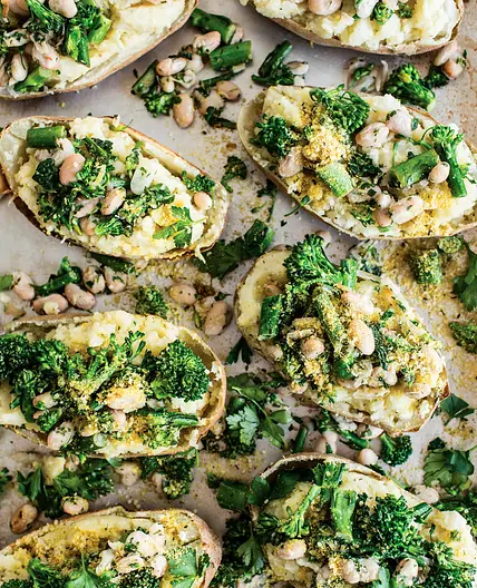 BAKED POTATOES WITH LEMON GARLIC BROCCOLINI AND WHITE BEANS