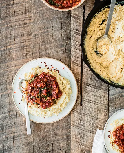 BAKED MILLET POLENTA WITH SPICY RED LENTIL MARINARA