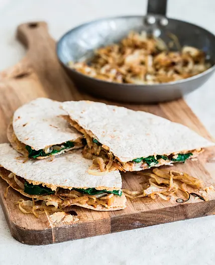 SPICY CHICKPEA QUESADILLAS WITH CARAMELIZED ONIONS