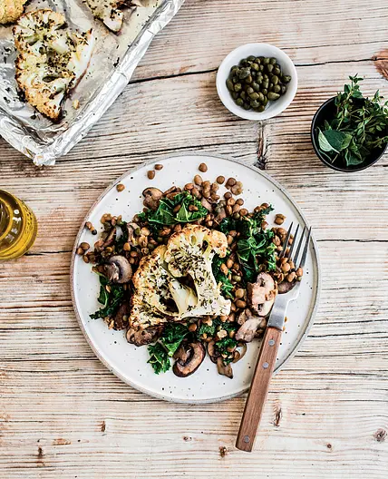 HERBED CAULIFLOWER STEAKS WITH LEMON CAPER LENTILS