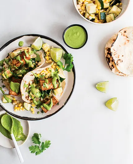 ROASTED ZUCCHINI TACOS WITH CORN AND TOFU