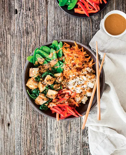 WARM TOFU CHOP SALAD WITH PEANUT DRESSING