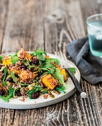 BUTTERNUT SQUASH SALAD WITH RED QUINOA AND PUMPKIN SEEDS