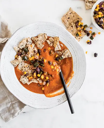 TORTILLA SOUP WITH ROASTED CORN AND BLACK BEAN SALSA