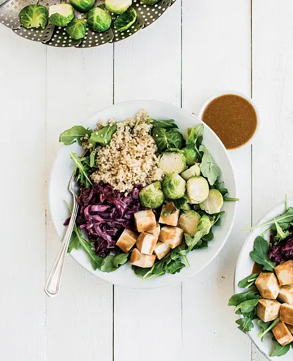 QUINOA BOWLS WITH BRAISED RED CABBAGE, TOFU, AND BRUSSELS SPROUTS
