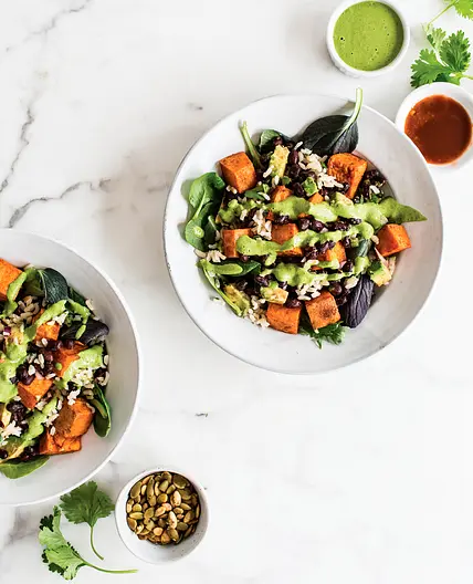 SWEET POTATO BOWLS WITH CILANTRO LIME RICE AND BLACK BEANS