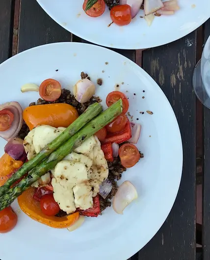 Halloumi, Pepper and Asparagus Traybake