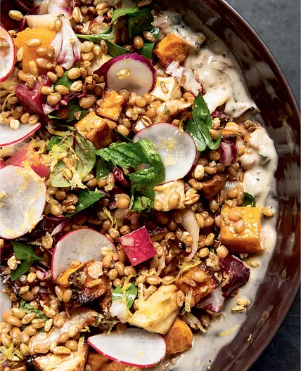Mixed Grains with Grilled Scallion Rémoulade and Roasted Fall Vegetables