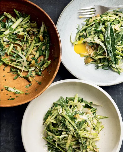 Asparagus and Puntarelle Salad with Seared Poached Eggs