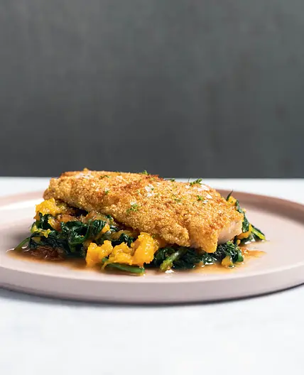 Cornmeal-Crusted Hake with Mashed Butternut Squash and Soy–Brown Butter Vinaigrette