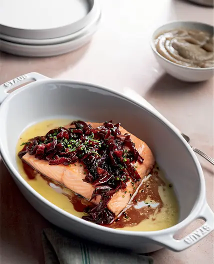 Pan-Seared Snapper with Apple Puree, Brussels Sprouts, and Beet Vinaigrette