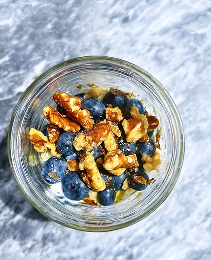 Blueberry Peach Greek Yogurt Parfait with Wildflower Honey and Walnuts