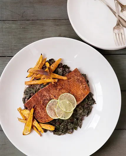 jerk-spiced salmon with coconut pot liquor and sweet potato fries