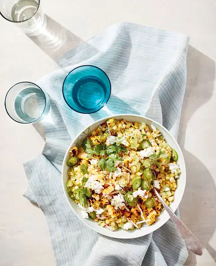 CHARRED AND RAW CORN SALAD WITH TOMATILLO RELISH