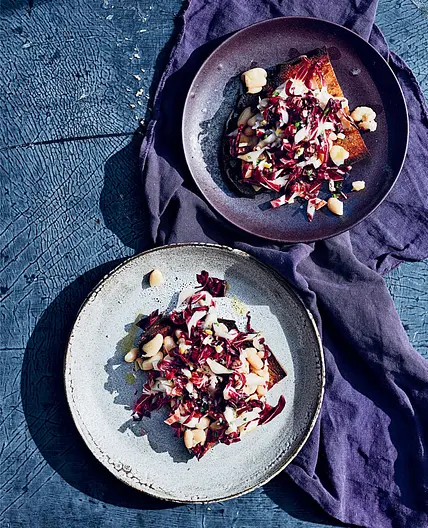 WHITE BEAN TOASTS WITH RADICCHIO AND LEMON-PARSLEY RELISH