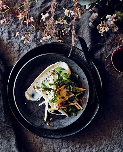 KOHLRABI, APPLE, AND CELERY ROOT SALAD WITH BLACK PEPPER YOGURT