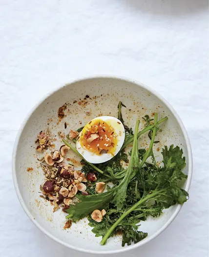 Soft-Cooked Eggs with Dukkah and Bitter Greens on Toast
