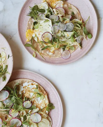 Egg Tostada with Fennel, Radishes, and Yogurt