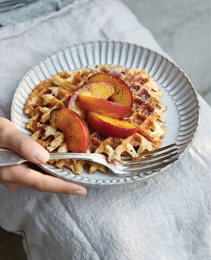 Sourdough Waffles with Carmelized Peaches