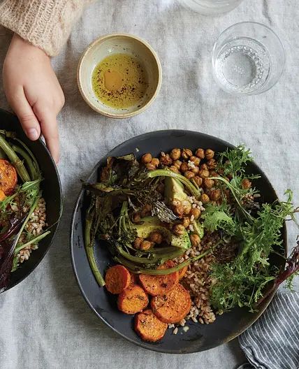 Crispy Chickpeas with Rice, Sweet Potatoes, Avocados, and Greens