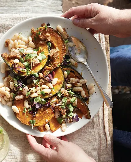 Roasted Squash Salad with White Beans, Bread Crumbs, and Preserved Lemon