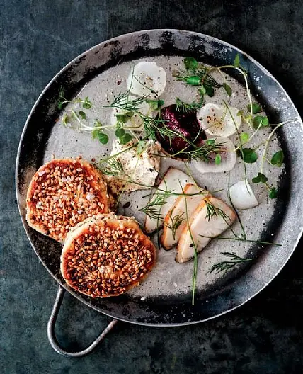 everything pancakes with smoked mackerel, cream cheese, and sweet-and-sour beets